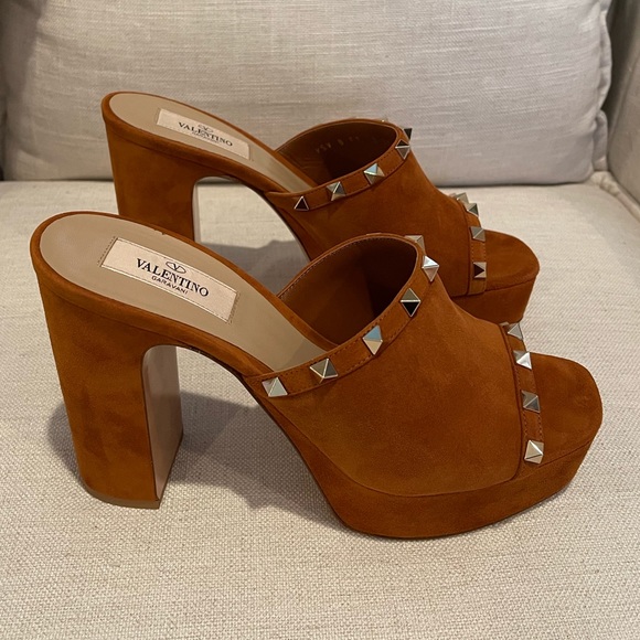 Valentino Garavani Shoes - Valentino Brown Rockstud Studded Suede Mule Sandals Heels Platforms